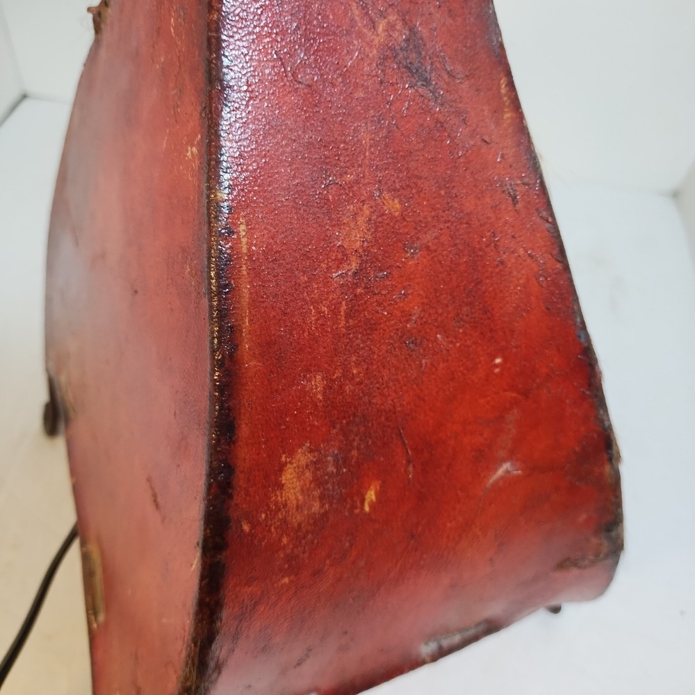 Vintage Pig Skin Table Lamp Iron Accent Light Spanish Red Leather Scroll Bedside - Picture 14 of 16